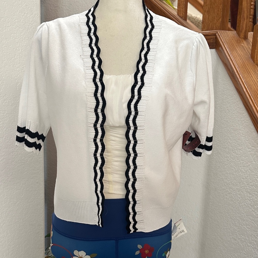 White Short Sleeve Love Scarlet Cardigan with Black Trim